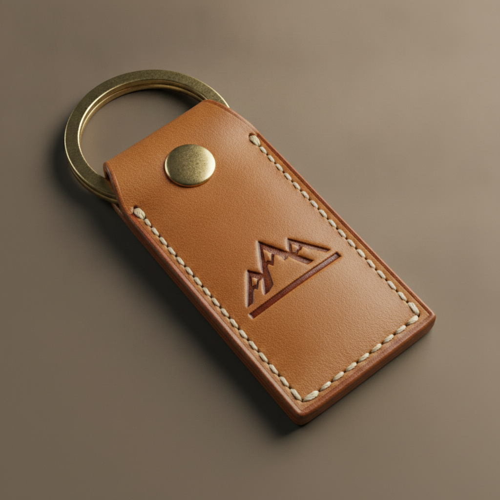 Leather keychain design made with AI: a tan vegetable-tanned leather tag with a debossed mountain and horizon emblem, cream saddle stitching and a brass split ring