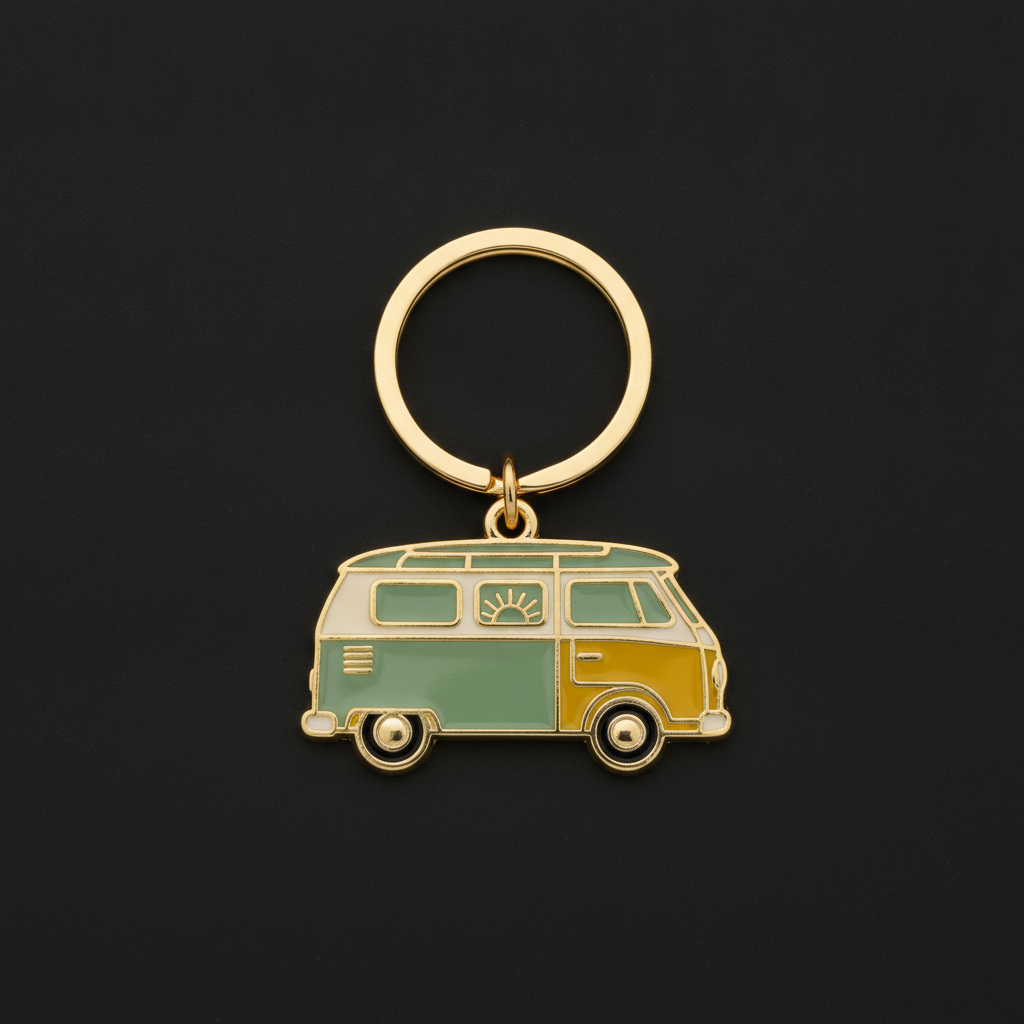 Hard enamel keychain design from the AI keychain design generator: a camper van charm filled with sage green, cream and mustard enamel between polished gold metal lines