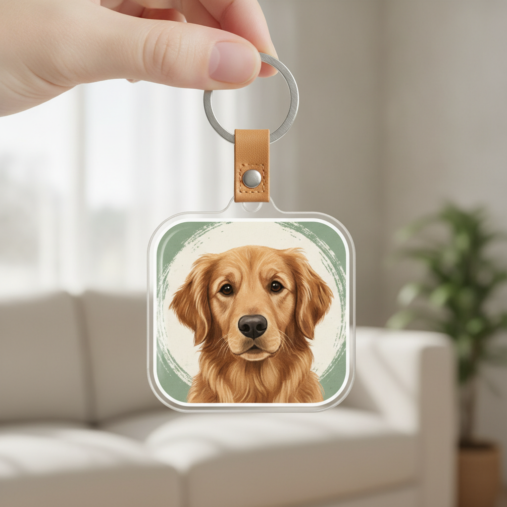 Photo keychain designed with AI: a clear acrylic panel showing a painted golden retriever portrait on a sage circular backdrop with a brushed silver keyring