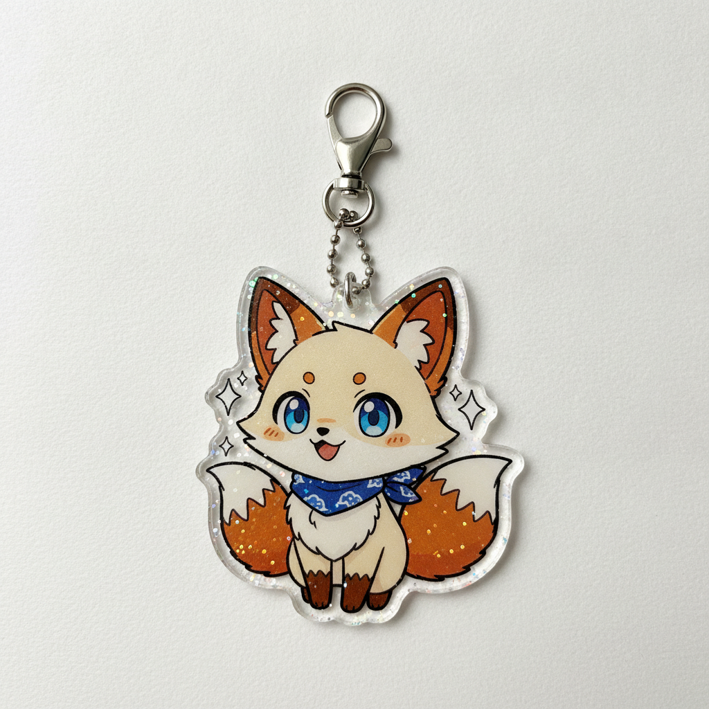 Anime acrylic charm from the AI keychain design generator: a fox spirit character in cream and rust orange with a blue scarf, sealed holographic glitter and a silver chain