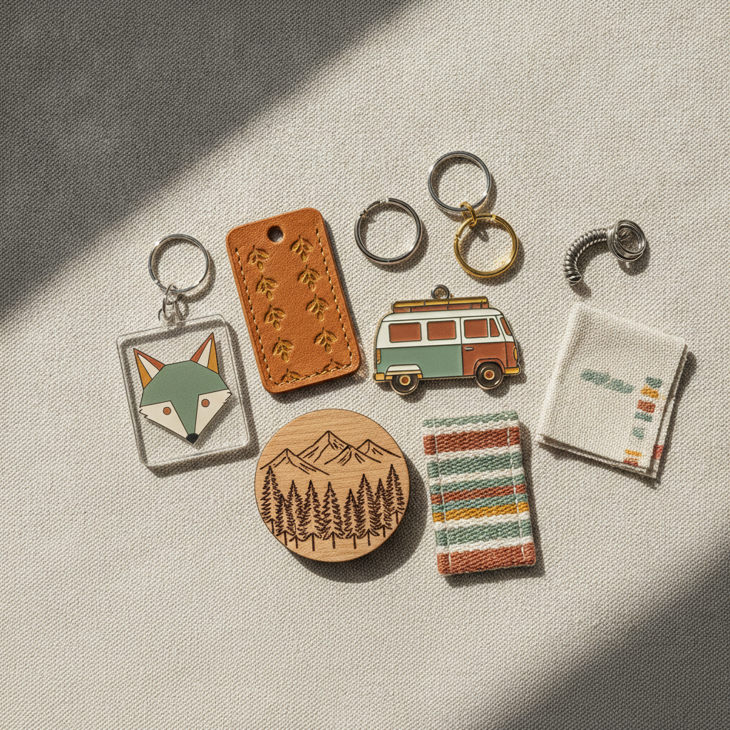 A flat lay of coordinating AI keychain designs — an acrylic fox charm, a debossed leather tag, an enamel camper van charm, a wood-burned pine forest disc and woven fabric tags — sharing one palette of sage green, mustard, terracotta and cream