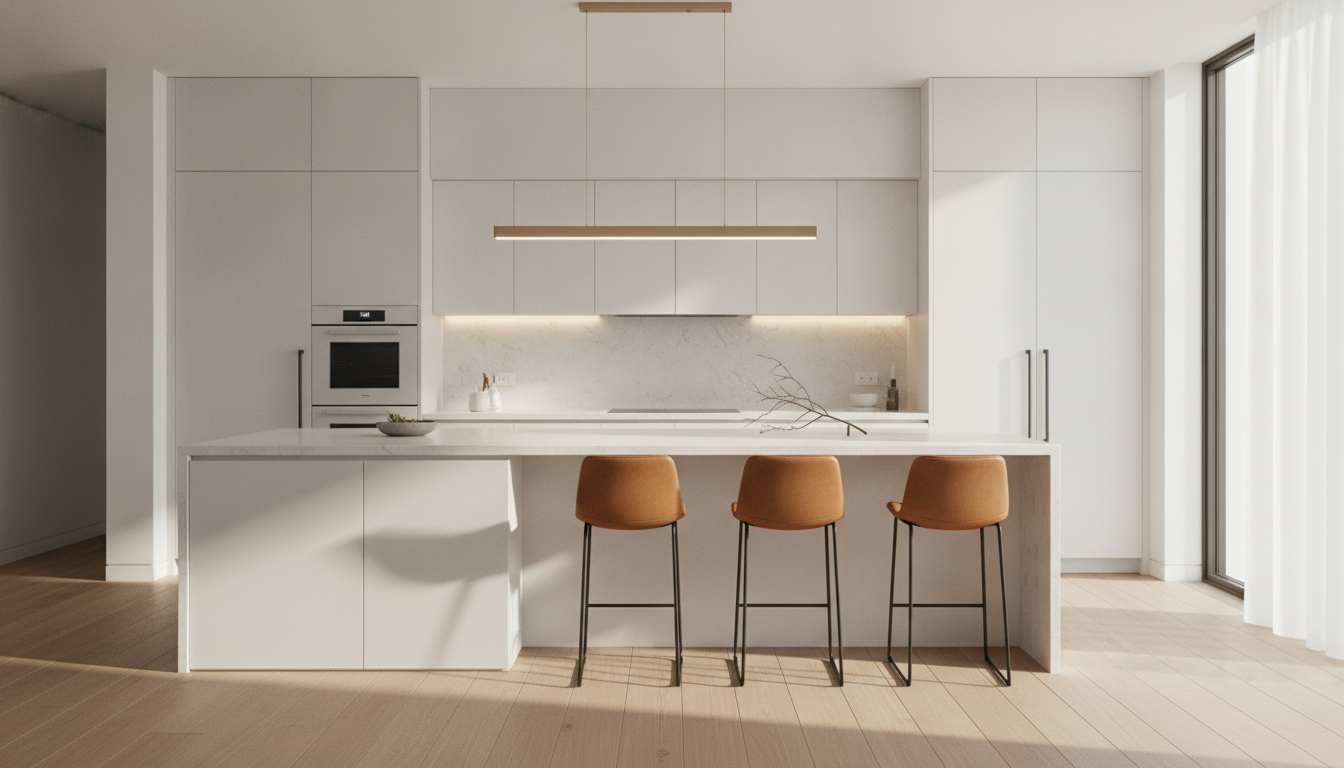 AI kitchen design generator result in modern minimalist style: handleless matte white slab cabinets, waterfall-edge quartz island with leather bar stools, integrated appliances and warm oak flooring