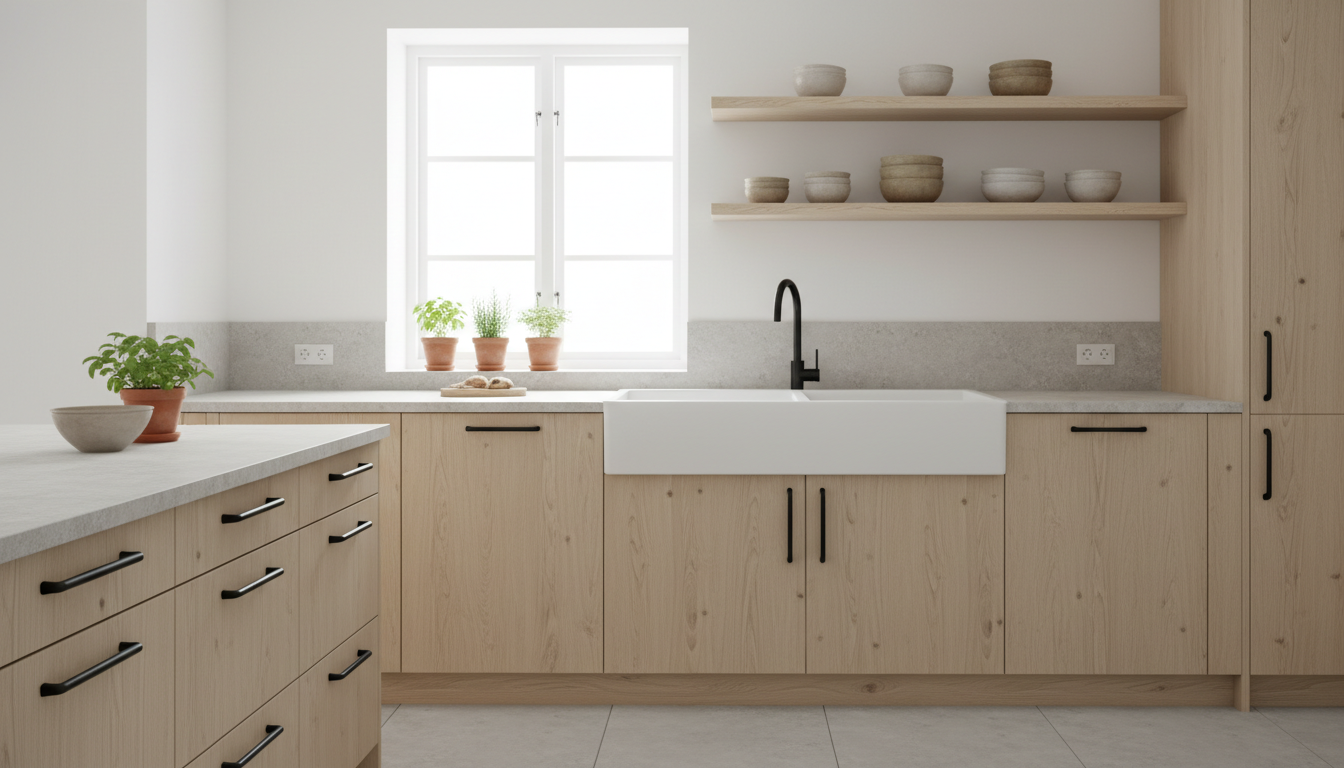 Scandinavian kitchen design generated by AI: light oak cabinetry, white walls, open shelving, matte black tapware over a farmhouse sink and soft Nordic daylight