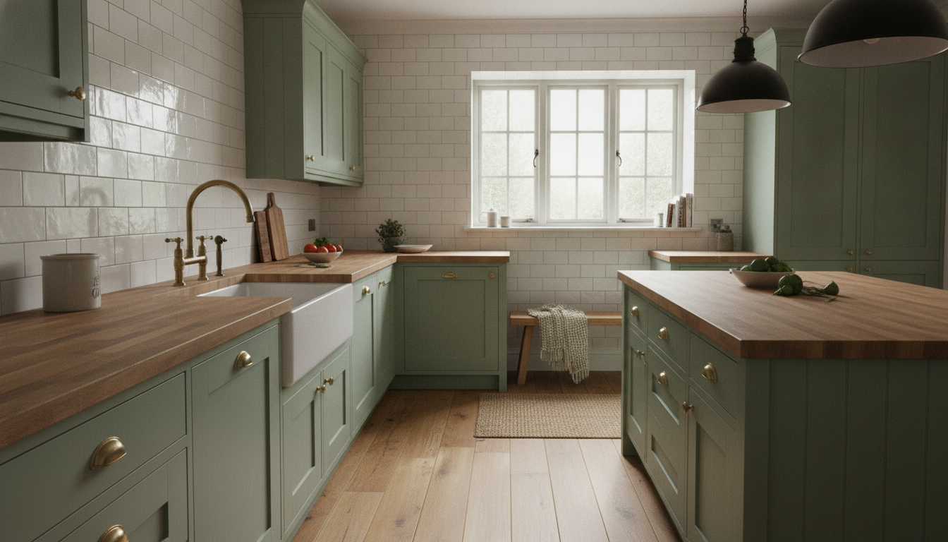 Modern farmhouse kitchen remodel concept: sage green shaker cabinets, butcher block countertop, white apron front sink, brass bridge faucet and subway tile backsplash