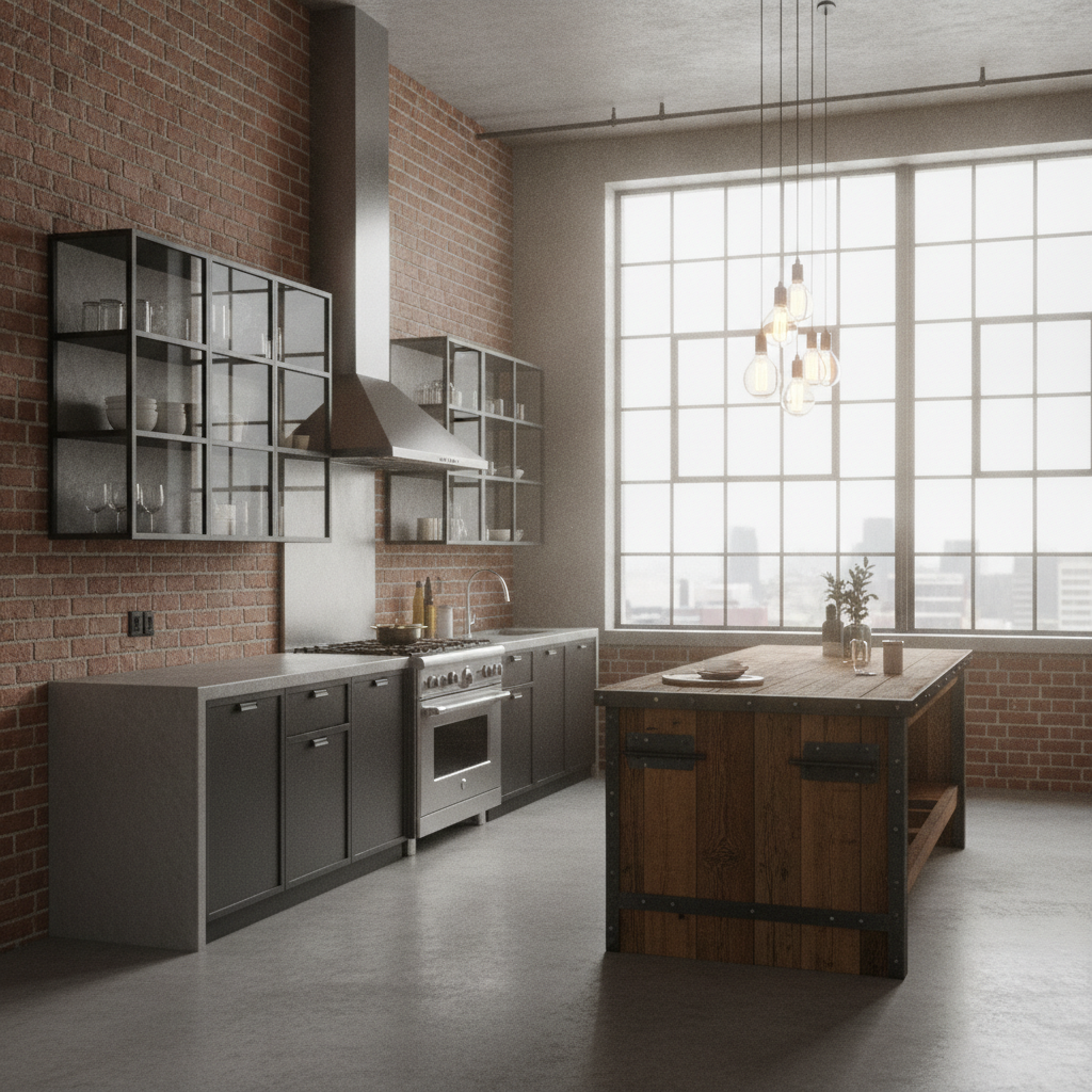 Industrial loft kitchen design with exposed red brick, blackened steel framed glass cabinets, polished concrete counters and Edison bulb pendant lighting