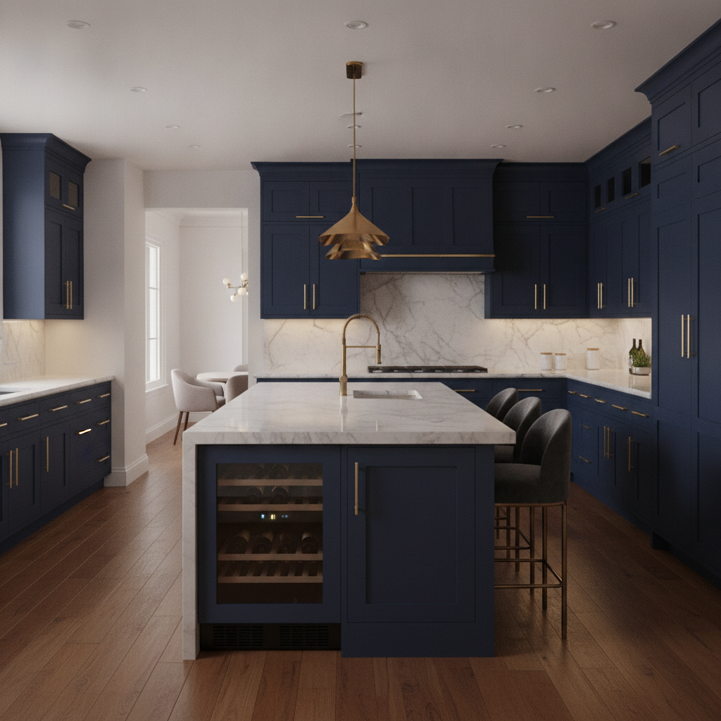 Luxury dark kitchen concept: deep navy inset cabinetry, honed Calacatta marble waterfall backsplash, brushed gold hardware and a large island with upholstered stools