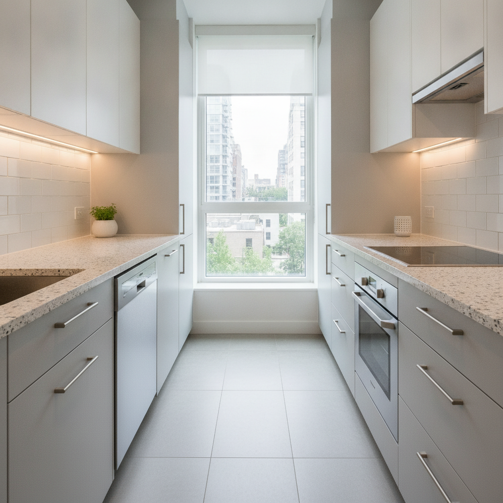 Small galley kitchen makeover in a city apartment: two tone pale grey and soft white cabinets, terrazzo countertop, under cabinet LED lighting and compact integrated appliances