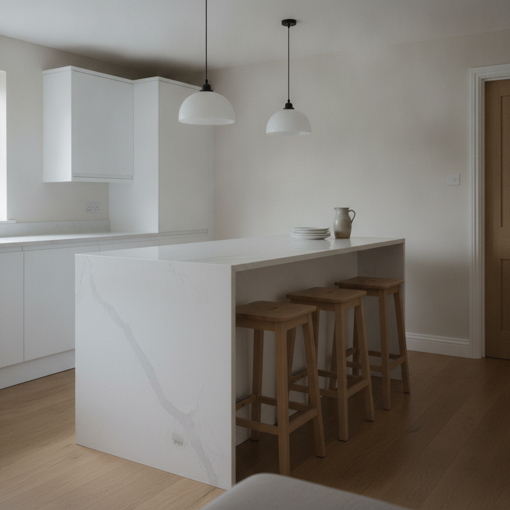 AI kitchen island design generator result: a handleless white island with a honed quartz top whose veining folds round a mitred corner and runs to the floor as a waterfall end panel, three oak stools under the overhang, two opal dome pendants above and a painted door architrave at the right.
