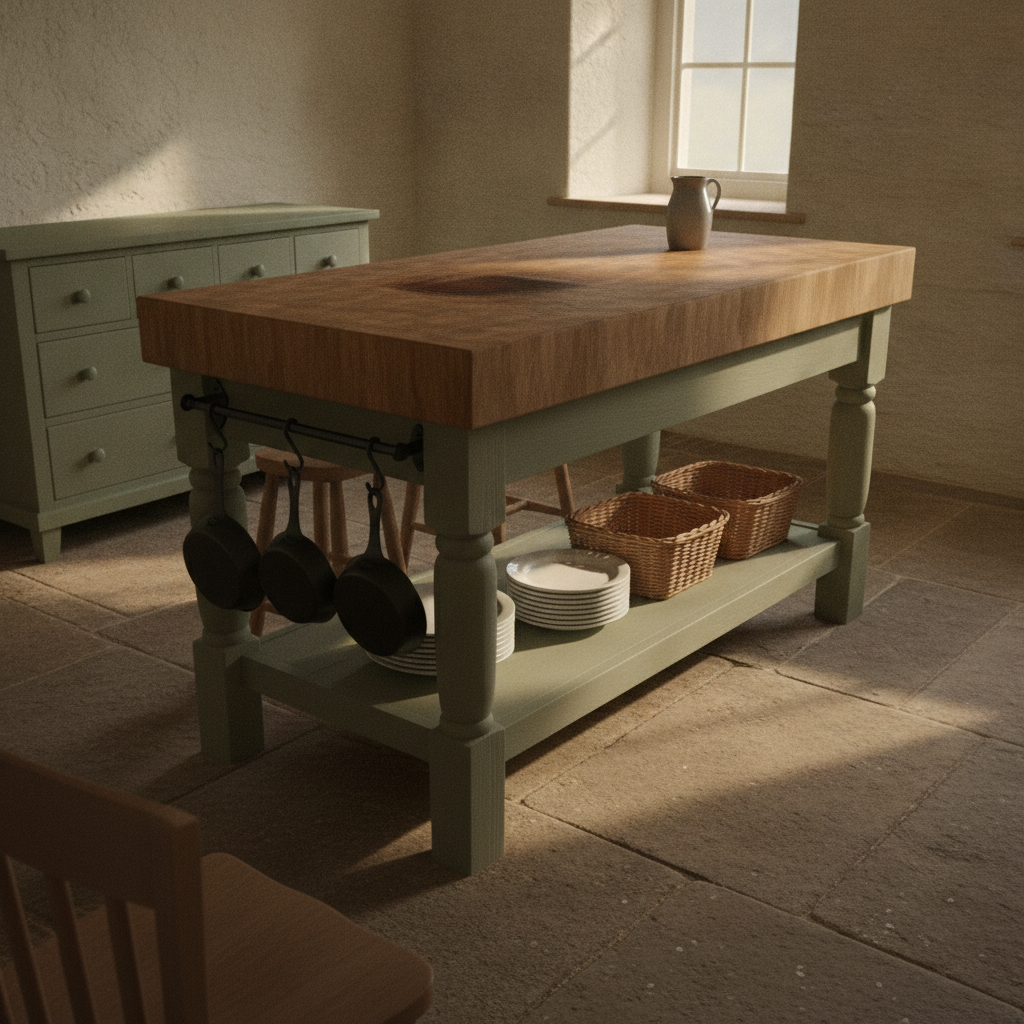AI kitchen island design generator result: a freestanding farmhouse island with a thick oak butcher block top stained dark in the middle, a brushed sage green base on four turned legs, an open shelf of plain white plates and two willow baskets, and three cast iron pans on a bolted black rail.