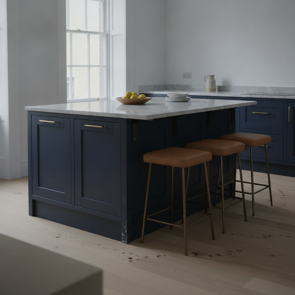 AI kitchen island design generator result: a navy shaker island with brass bar pulls and a white marble top, its deep breakfast bar overhang carried on blackened steel flat-bar brackets bolted through the panel, with three tan leather stools on brass frames.