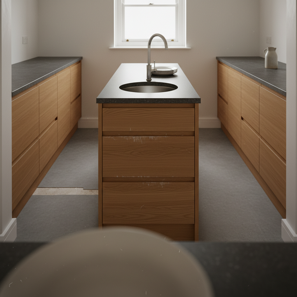 AI kitchen island design generator result: a narrow galley island in oak with routed finger pulls and a dark composite top, a round stainless sink set into a hole cut clean through the surface and a steel tap in its own drilled hole, with perimeter runs crowding it on both sides.