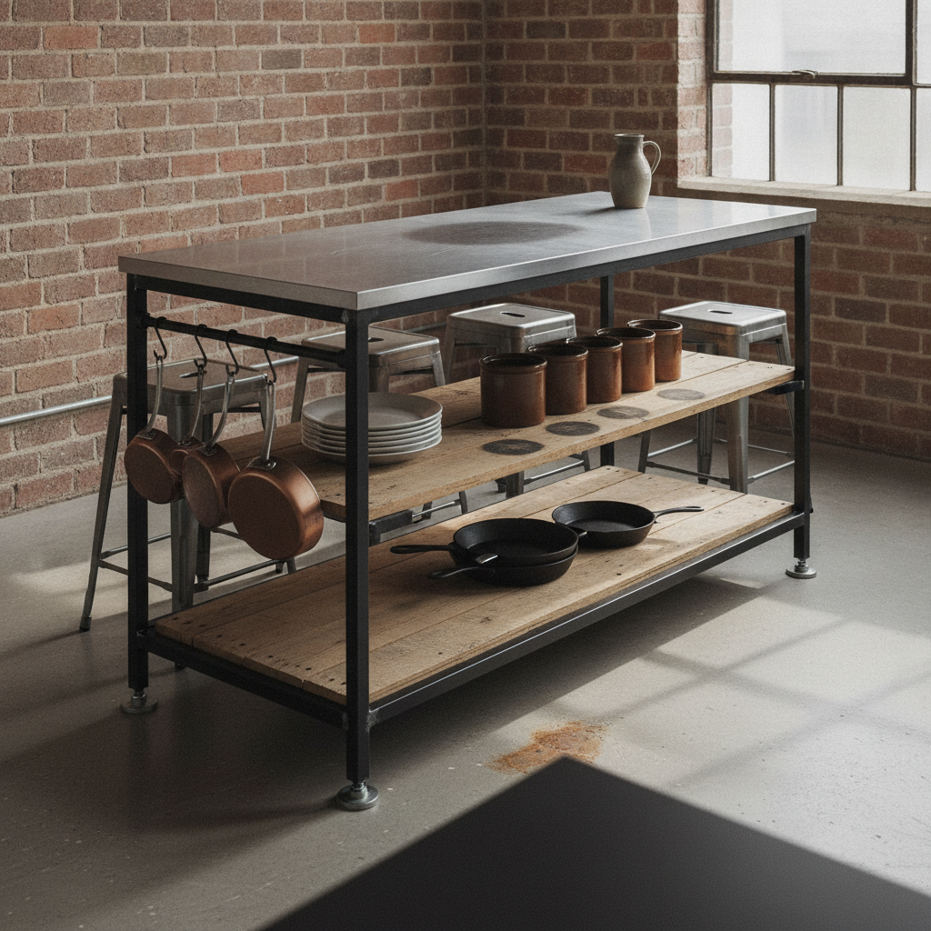 AI kitchen island design generator result: an industrial island built as a black steel tube frame on adjustable feet under a folded stainless top, with two rough scaffold board shelves holding plain white plates, five unlabelled stoneware crocks on dark ring stains, and copper pans on S-hooks.