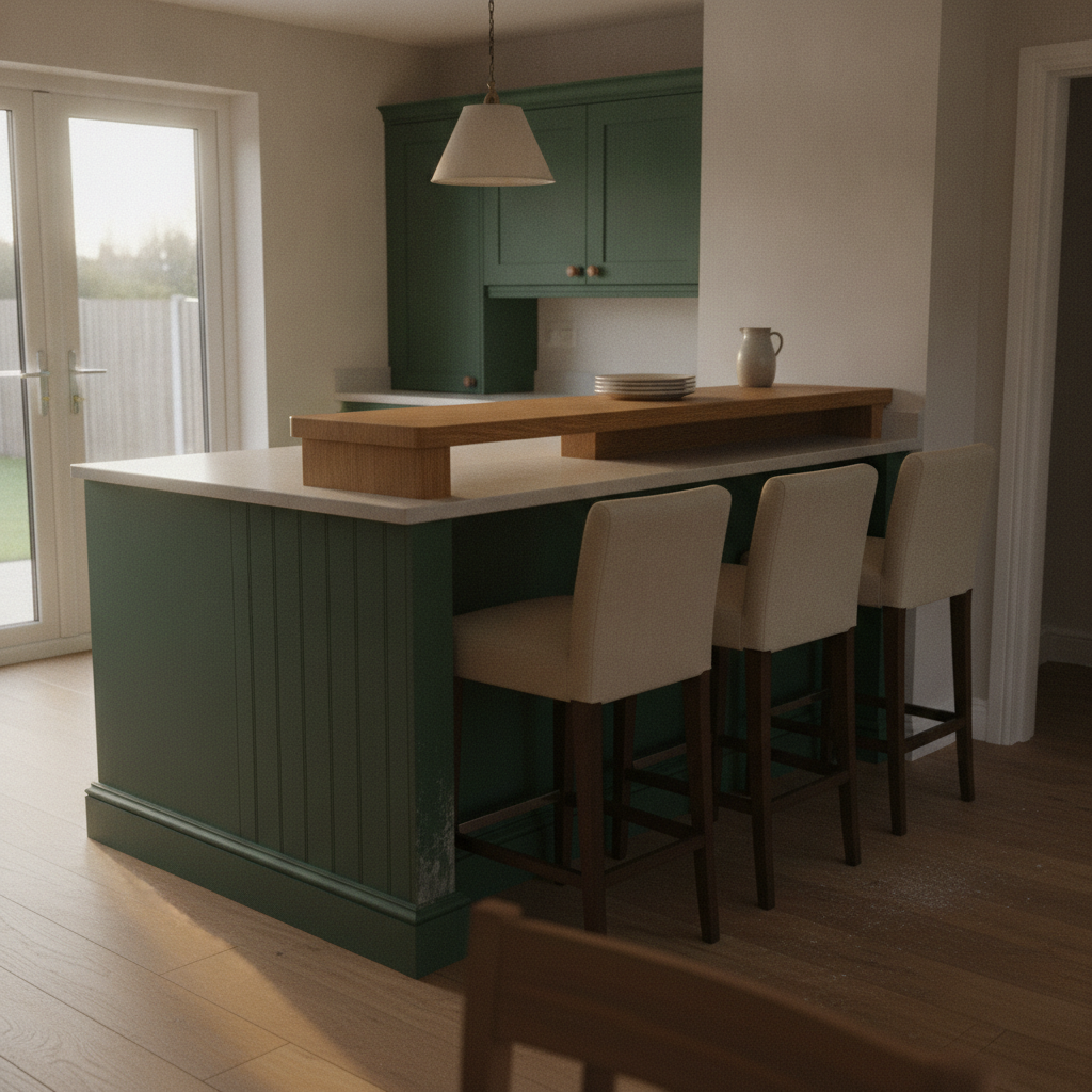 AI kitchen island design generator result: a two-tier island with a pale quartz working level and a raised solid oak breakfast bar behind it, clad in dark green beaded panelling on a moulded plinth, with three oatmeal upholstered stools and a lit pendant above.
