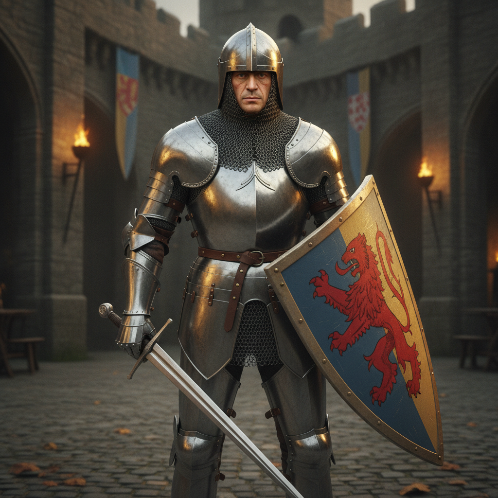 AI knight generator result showing a person turned into a classic medieval knight in gleaming steel plate armor with a longsword and heraldic shield in a stone castle courtyard, real face preserved