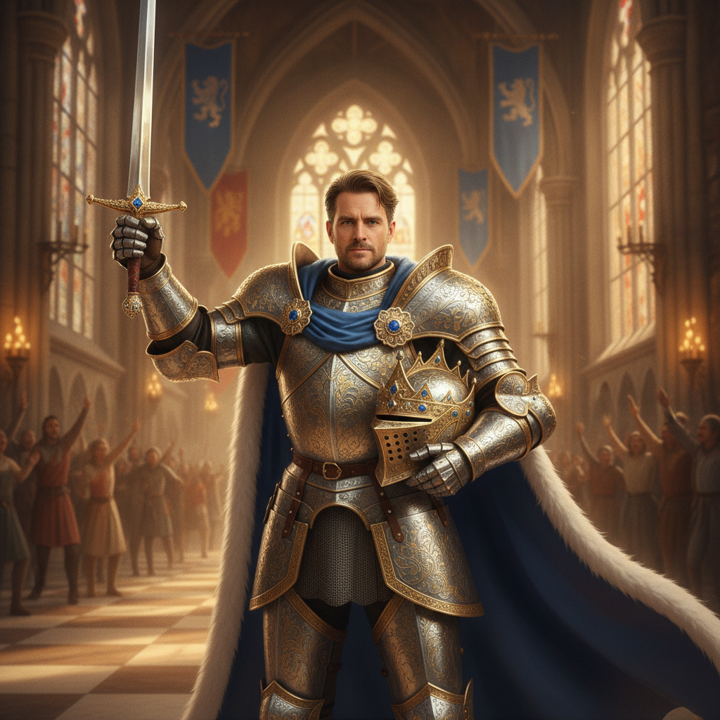 AI knight generator result showing a person as a noble royal knight champion in gilded plate armor and a royal blue cape raising a sword in a grand castle hall, real face kept recognizable