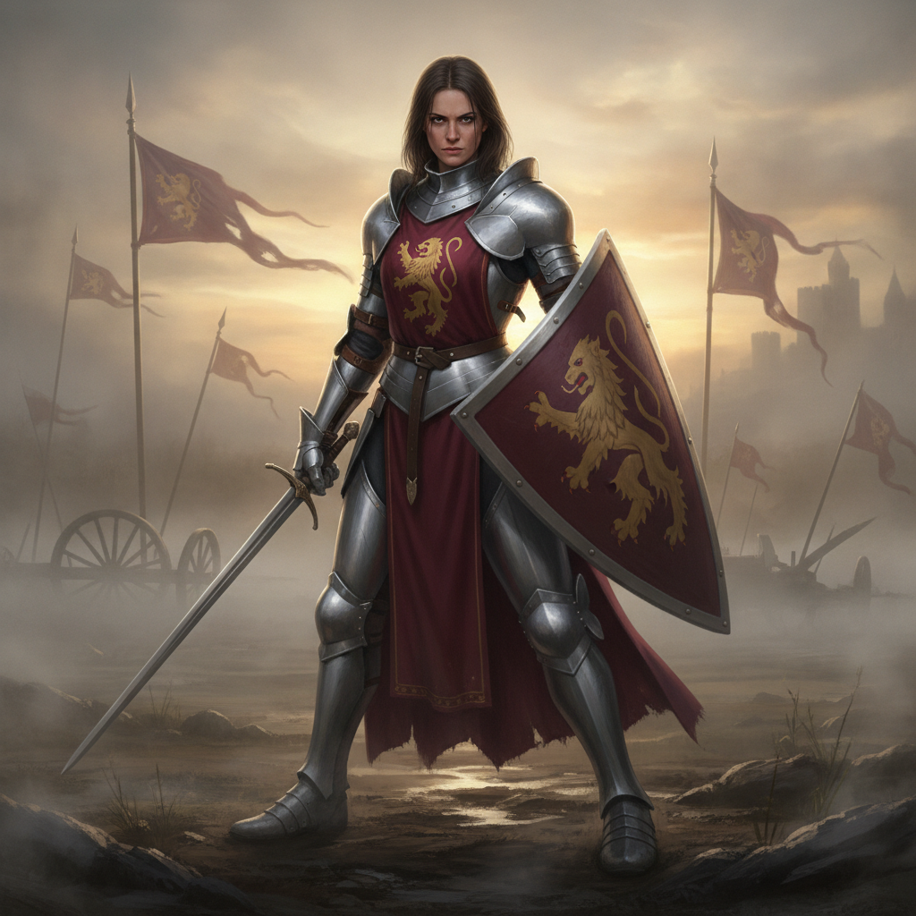 AI knight generator result showing a person as a fierce lady knight in fitted silver plate armor with a tabard holding a sword and kite shield on a misty battlefield, real facial features recognizable