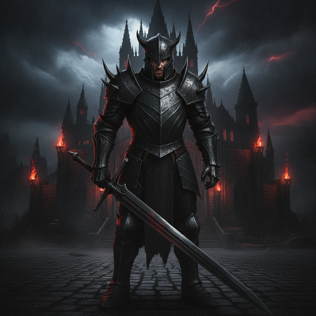 AI knight generator result showing a person as a dark knight in blackened spiked plate armor holding a greatsword before a stormy gothic castle, real facial features recognizable