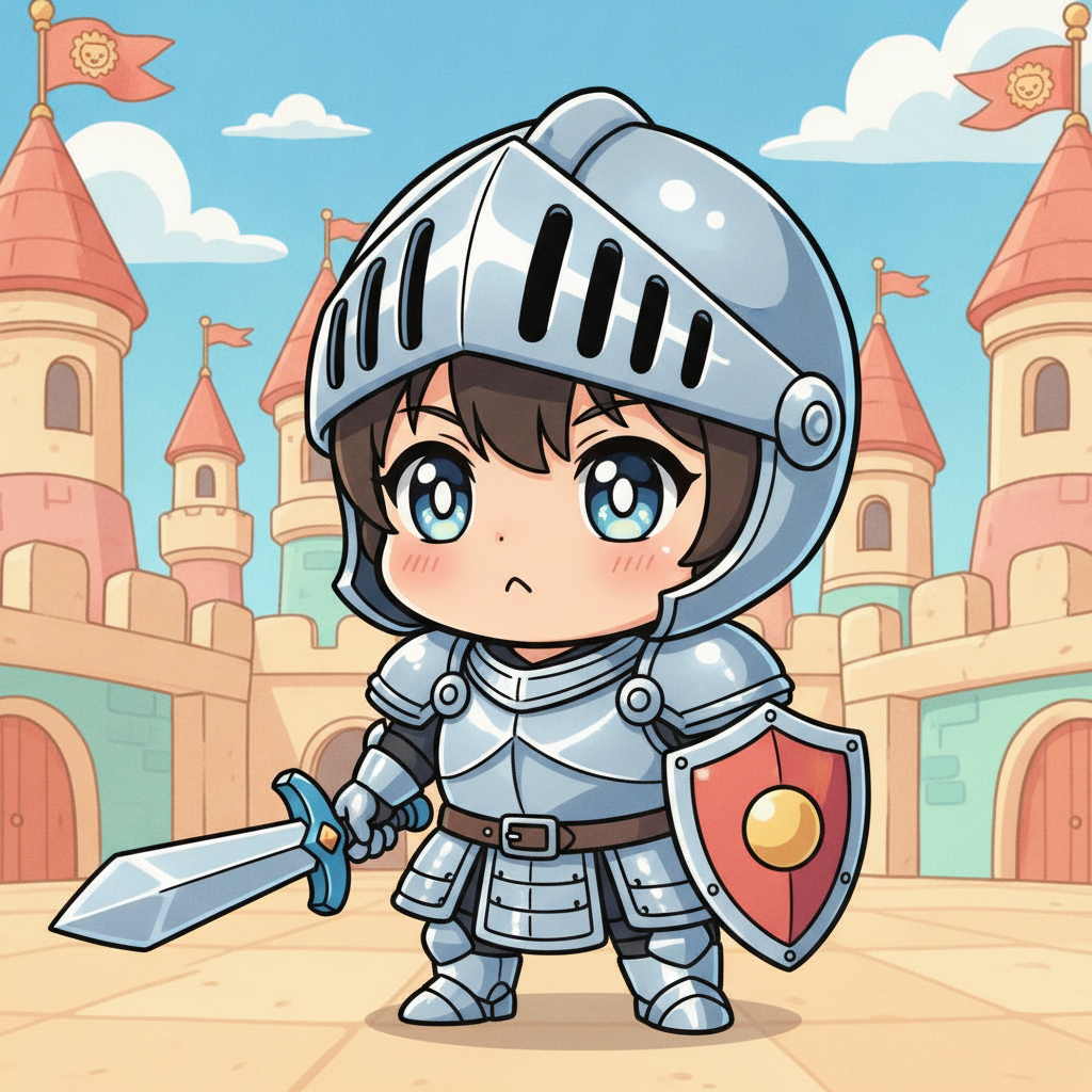 AI knight generator result showing a person as a cute anime-style chibi knight with a little silver helmet and tiny plate armor in a colorful cartoon castle courtyard, real facial features recognizable