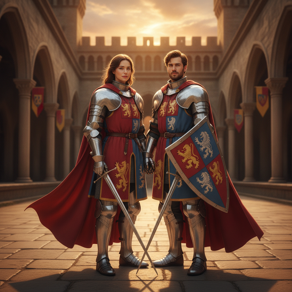 AI knight generator result showing a couple turned into two matching knights in plate armor and capes with swords and shields in a castle courtyard at golden hour, both real faces preserved