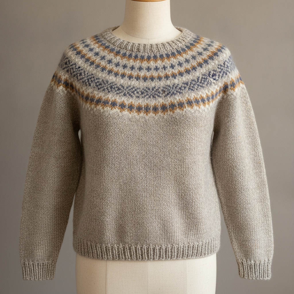 AI knitting pattern generator result: a circular stranded colourwork yoke in slate blue and amber on pale heathered grey wool, its motifs stacked in horizontal bands that each carry only two colours at a time