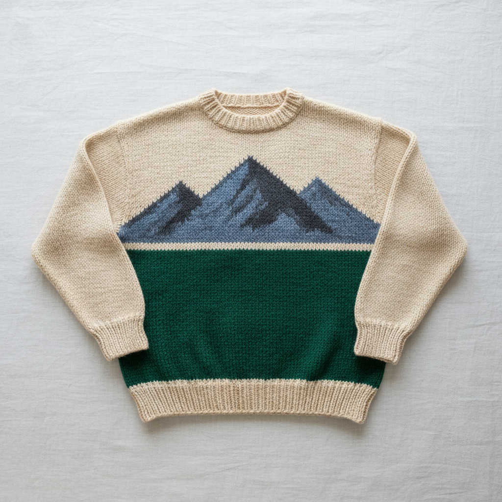 A cream sweater laid flat with a large intarsia mountain scene in slate blue, charcoal and deep green, each colour a separate ball of yarn and every ridge line climbing in visible stitch-wide steps rather than as a smooth printed edge