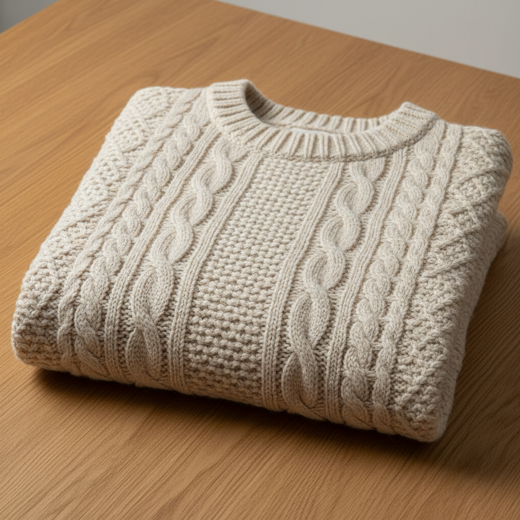 A folded cream Aran sweater in a single undyed colour, where twisted rope cables and a seed stitch centre panel are visible only through the shadows the side light throws into them