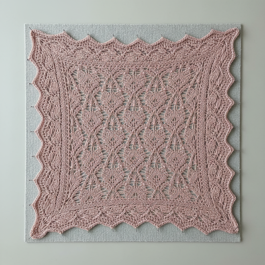 A square dusty rose lace panel pinned out taut on a blocking mat, its eyelet leaf motifs and pointed scalloped edge held open only because the fabric is stretched and drying under the pins
