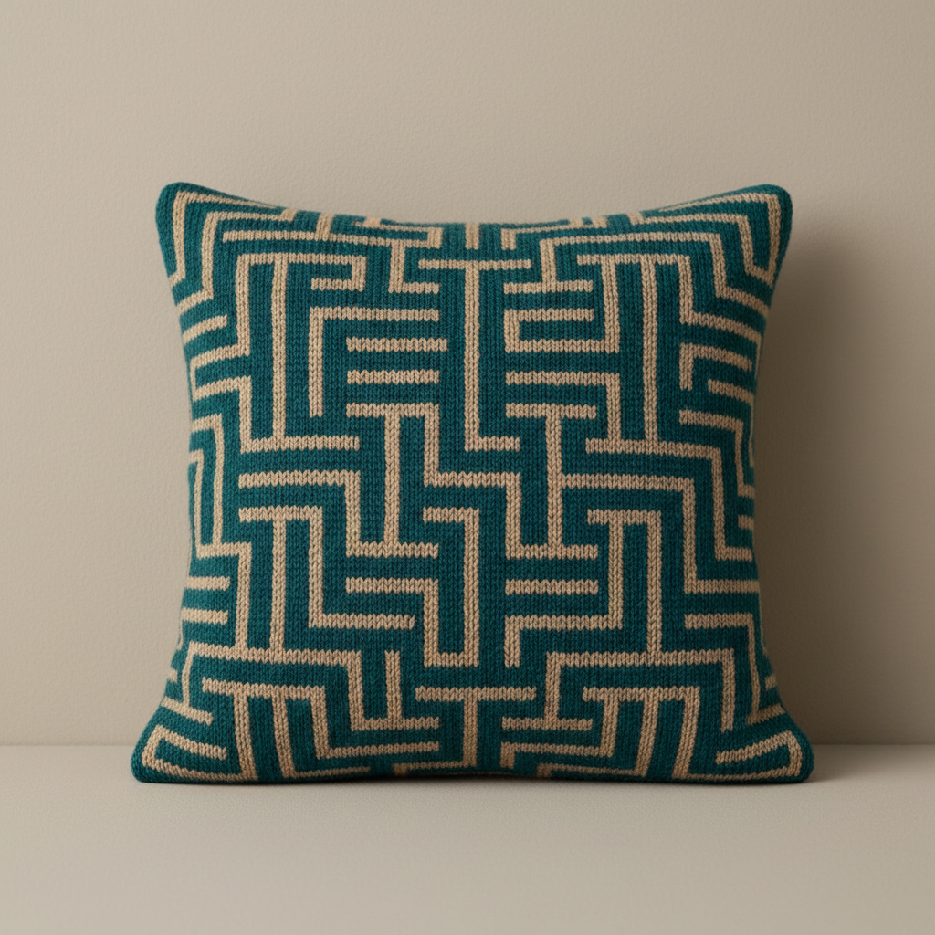 A mosaic slip-stitch cushion in teal and sand, where the interlocking maze design is built entirely from horizontal steps because each row carries a single colour
