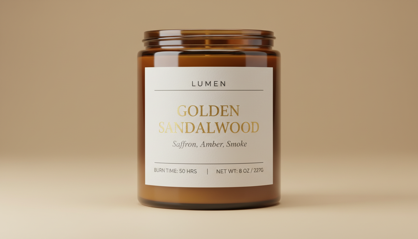 AI label generator result: a scented candle jar label on amber glass with a tracked-out brand name, a scent name in serif capitals, scent notes and a burn time and net weight row