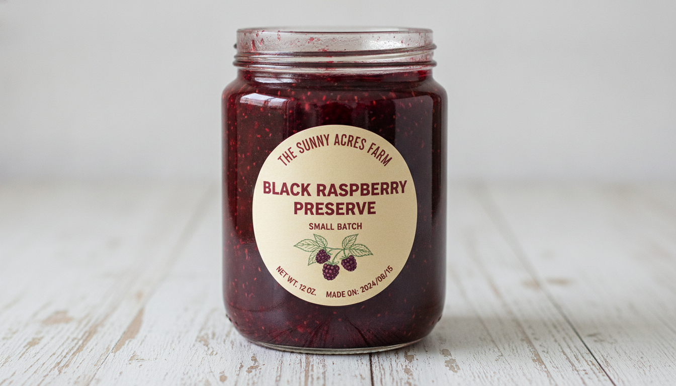 Homemade jam and preserve jar label made with AI: a round cream label on a jar of dark red preserve with the fruit name in bold serif capitals, a small batch line, a fruit sprig illustration and a net weight and made-on date
