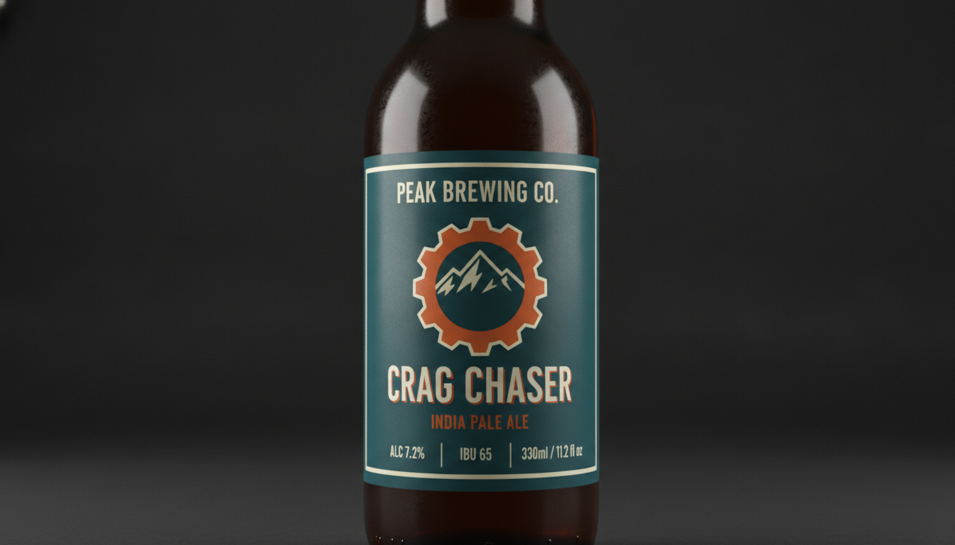 Craft beer bottle label generated by AI: a brown glass bottle with a brewery name in condensed capitals, a central emblem, the beer name in heavy display type and a foot row giving alcohol percentage, bitterness and volume