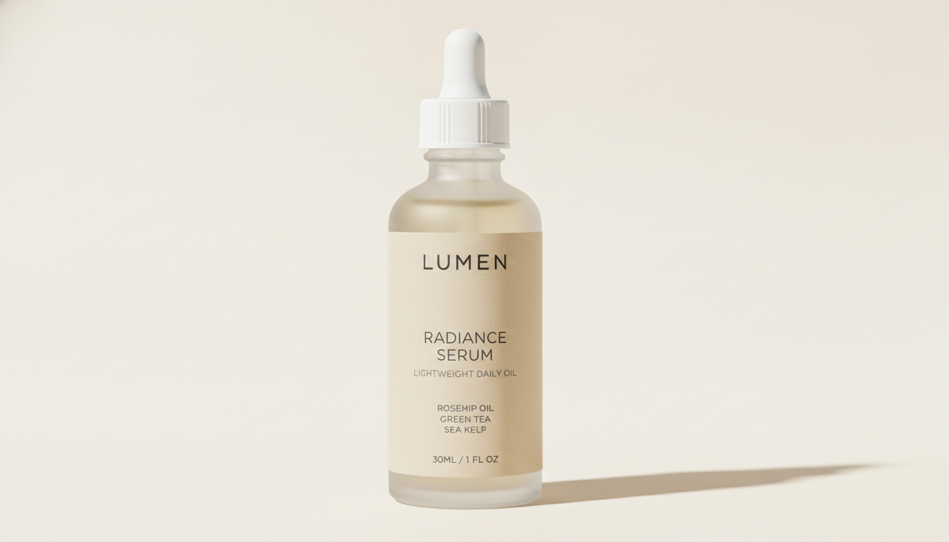 Minimal skincare label created by the AI label generator: a frosted glass dropper bottle with an understated brand name, a product name in modern sans serif capitals, key ingredient lines and a volume in millilitres and fluid ounces