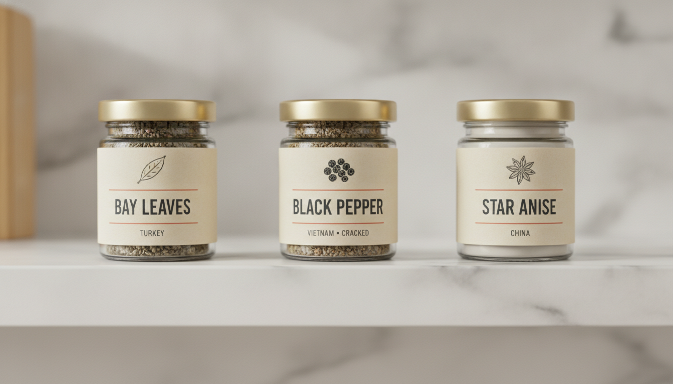 Matching pantry spice jar labels designed by AI: three clear glass jars in a row carrying identical label layouts with spice names in bold capitals, small leaf icons and origin lines