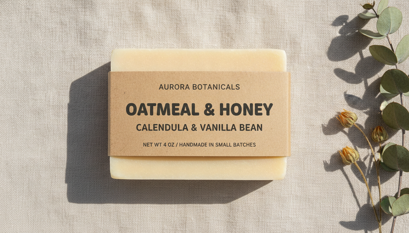 Handmade soap bar wrap label from the AI label generator: a kraft paper band around a cream cold-process soap bar with a maker name, the soap variety in rounded bold capitals, scent notes and a net weight line