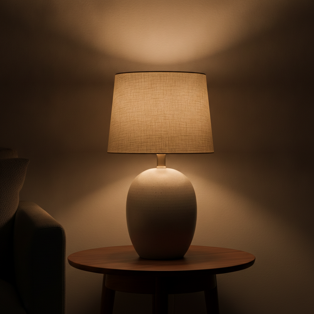 AI lamp design generator result: a speckled stoneware table lamp with a natural linen drum shade, lit at dusk so the shade itself becomes a soft body of light and the wall behind it carries the hourglass wash a drum shade always makes