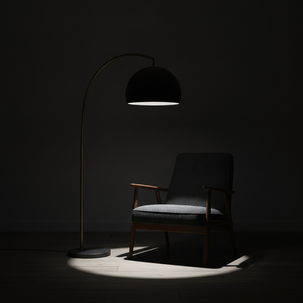 A floor lamp with a fully opaque charcoal dome shade arcing over an armchair: no light escapes through the shade, so it all lands as one hard-edged pool across the floorboards, catching the front of the chair and leaving the walls and the rest of the room black