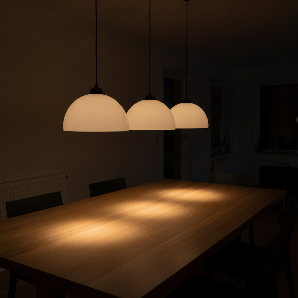 Three opal glass dome pendants over a dining table seen at seated eye level — thick milky glass with no visible bulb or hotspot, which is what stops a pendant glaring at the people sitting under it