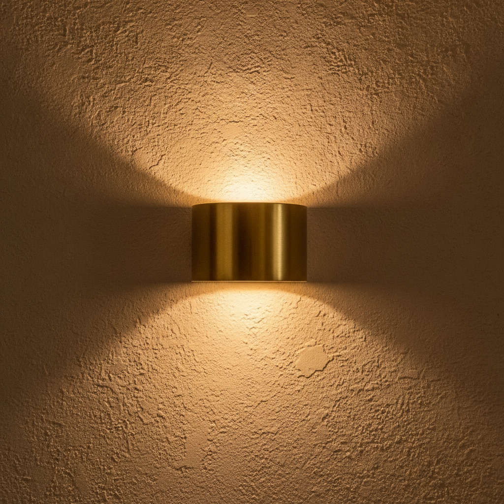 A brass half-cylinder wall sconce with a solid front, open top and bottom, throwing two clean triangles of light up and down a hand-troweled plaster wall and grazing the texture into relief