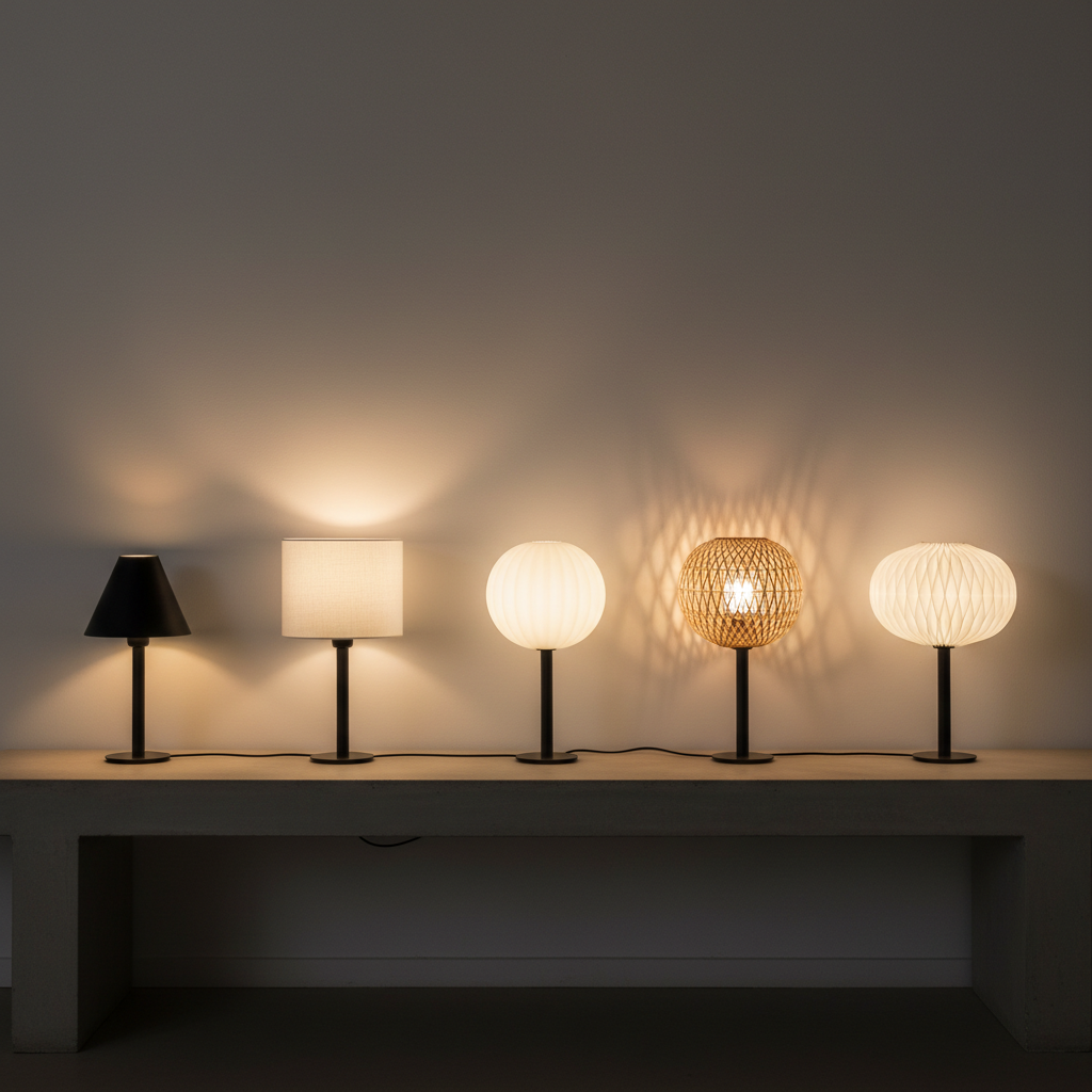 Five identical lamp bodies wearing five different shades and the same bulb, lit side by side against a plain wall: a black opaque cone that keeps its light low, a linen drum that glows, a ribbed opal globe lit evenly all round, an open rattan weave that shows the bare bulb and scatters a lattice of shadows across the wall, and a pleated paper lantern with no hotspot in it at all