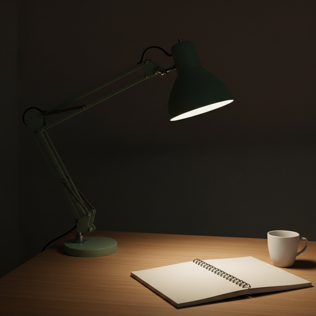 A sage green articulated task lamp on a weighted disc base, exposed springs and pivoting knuckle joints holding the angle, its conical head aimed down so the light lands on an open blank notebook and a plain cup while the desk and wall behind stay dark