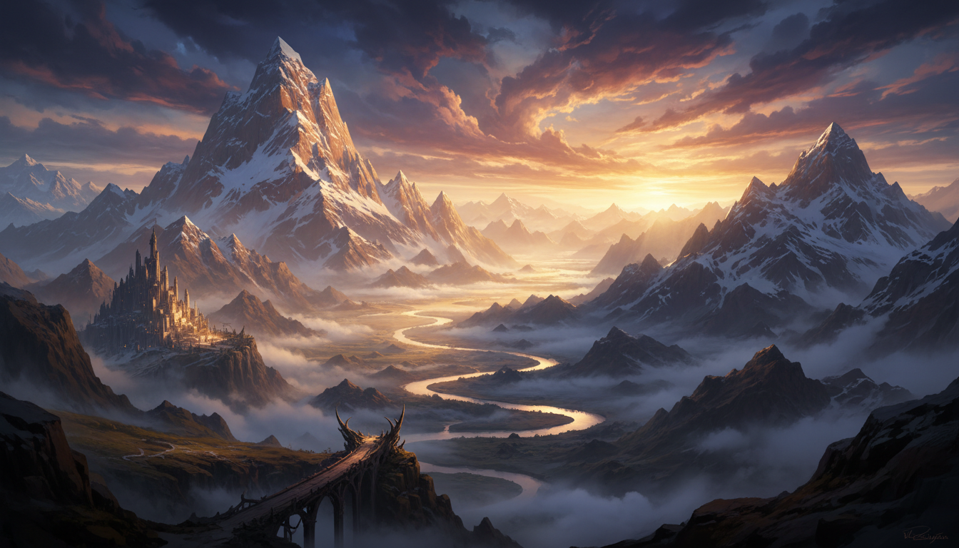 AI landscape generator — fantasy mountain scenery at golden hour with snow-capped peaks and a winding river in 4K