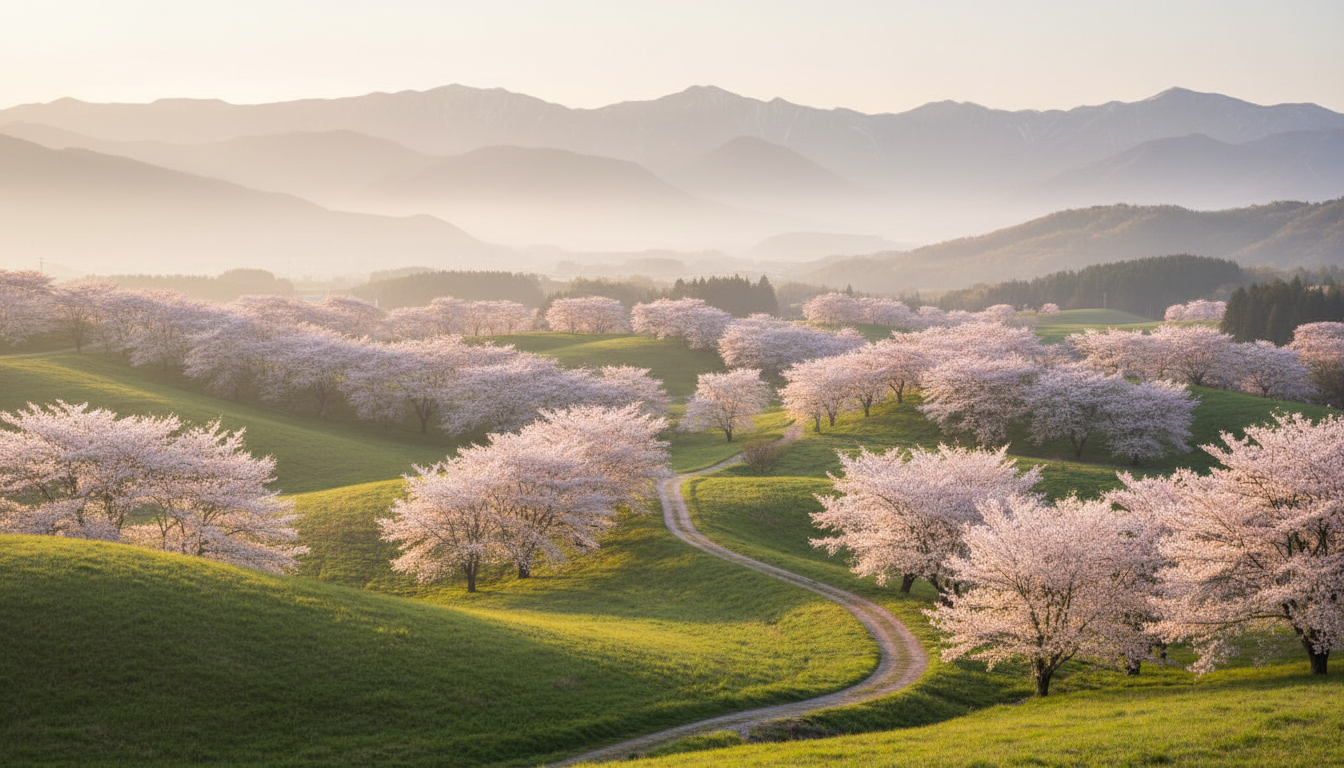AI landscape art — serene Japanese countryside in spring with cherry blossoms and rolling green hills