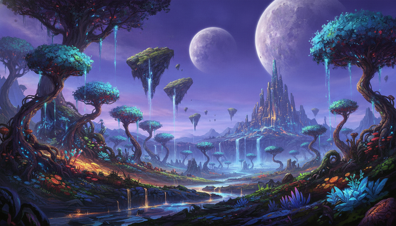 AI scenery generator — otherworldly alien planet landscape with twin moons and glowing plants
