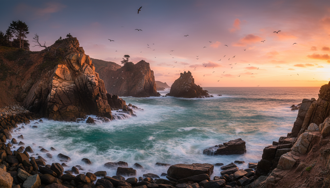 Landscape image generator — dramatic coastal cliffs meeting a turquoise ocean at sunset