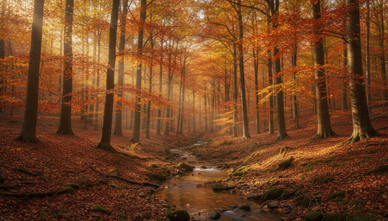 AI landscape generator — golden autumn forest with sun rays filtering through tall trees