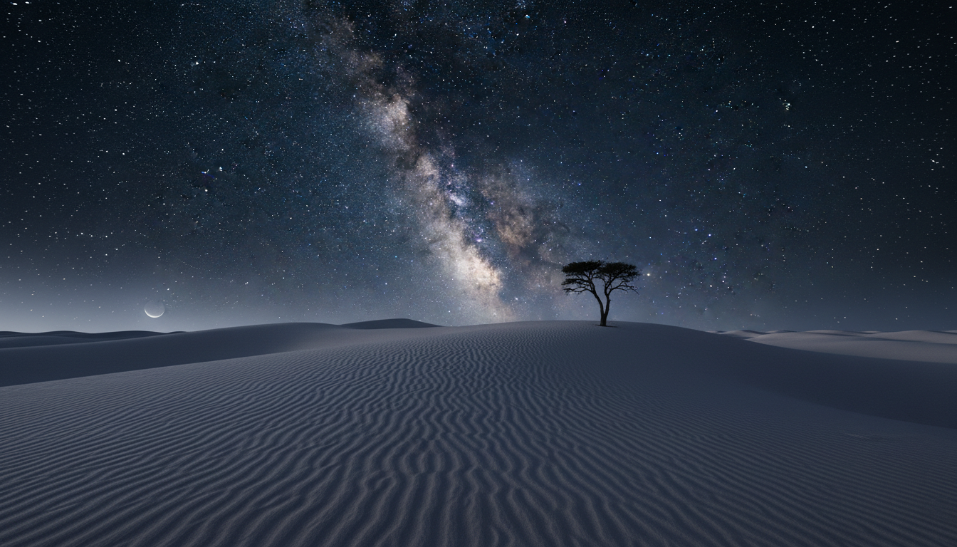 AI nature art — vast desert dunes at night under a glowing Milky Way sky