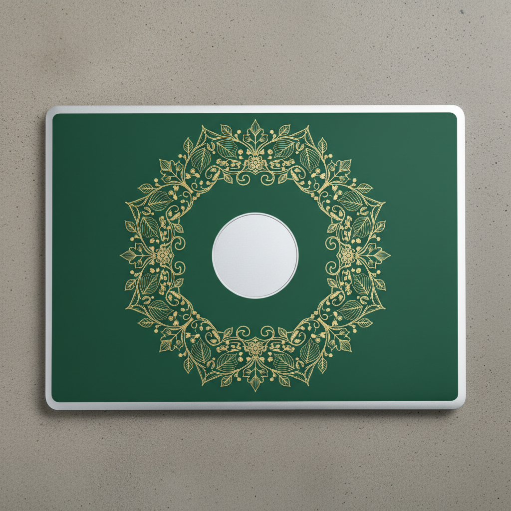A dark green laptop skin printed with a symmetrical gold botanical wreath of leaves, scrolls and berries arranged in a ring around a bare circular cutout at the centre of the lid, with the white die-cut edge visible around the panel
