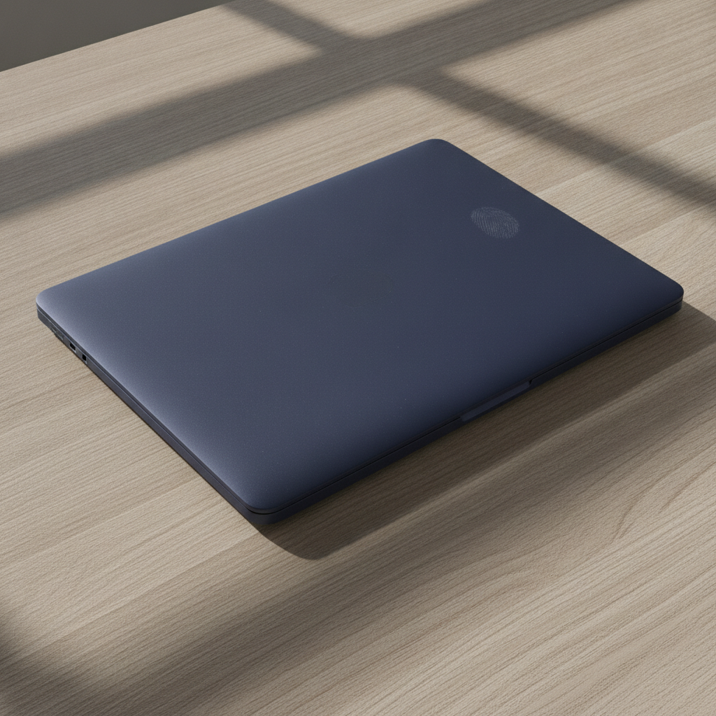 A closed laptop on a wooden desk in hard window light wrapped in a plain deep navy matte vinyl skin with no graphic at all, the powdery matte texture catching the light and a faint fingerprint smudge showing on the upper part of the lid