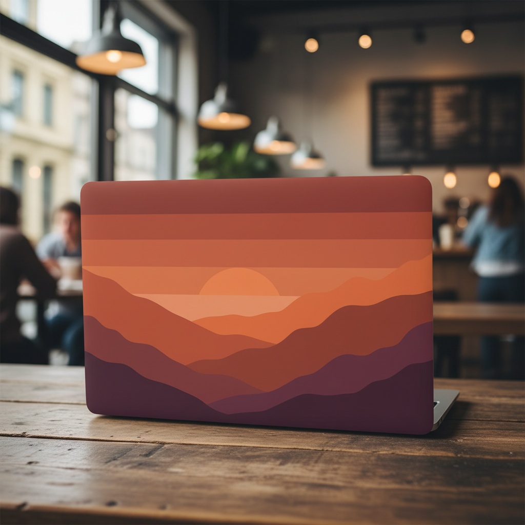 The back of an open laptop lid seen from across a cafe table, the skin printed with a flat layered sunset landscape of orange sky and purple mountain ridges spanning the full width, with blurred cafe seating and pendant lights behind it