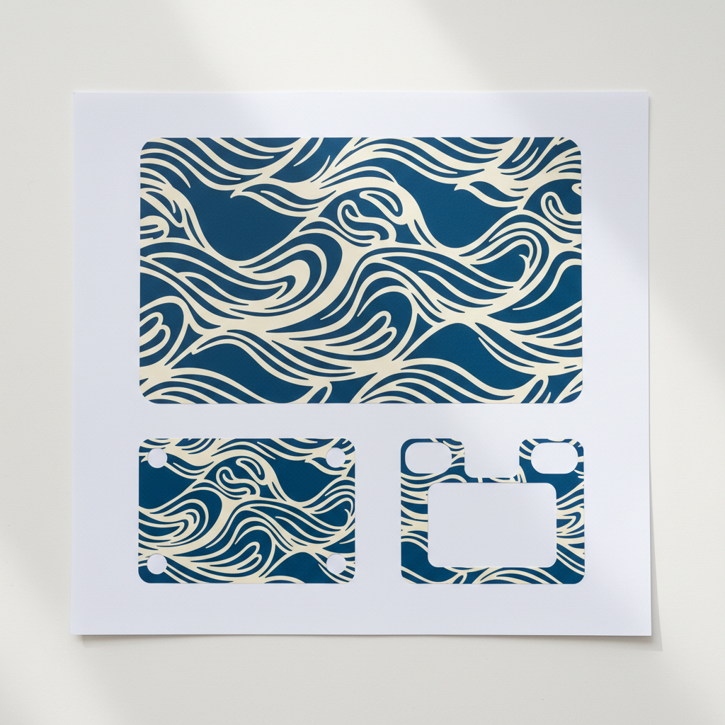 A three-piece laptop skin kit laid flat on a white sheet: a large lid panel with a navy and cream wave pattern, a smaller base panel with four round rubber-foot holes, and a palm rest panel with a large rectangular trackpad cutout and notches at the hinge